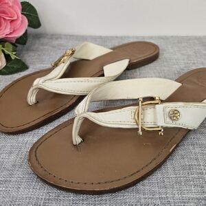 Tory Burch Thora White Leather Gold Logo Flip Flops Size 7M‎